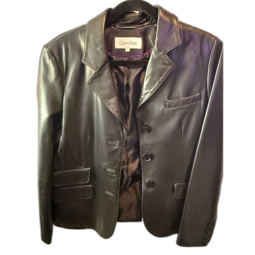 Vintage Calvin Klein Women’s Black Genuine Leather Blazer Jacket Size L